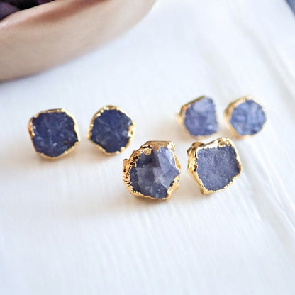 Raw Tanzanite Stud Earrings – Electroplated in 14k Gold Vermeil | Natural December Birthstone Jewelry