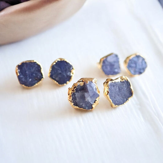Raw Tanzanite Stud Earrings – Electroplated in 14k Gold Vermeil | Natural December Birthstone Jewelry