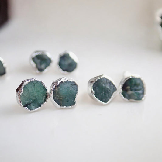 Raw Emerald Stud Earrings – Natural May Birthstone in Silver | Crystal Earrings for Her
