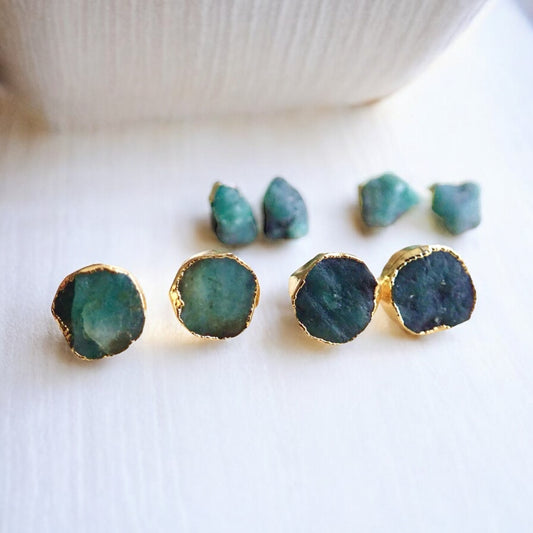 Raw Emerald Stud Earrings Electroplated in 14k Gold - NaturalGemstone Jewelry - May Birthstone Gift