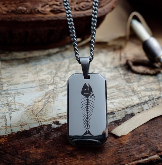 Men’s Stainless Steel Dog Tag Necklace – Fish Skeleton Engraved Pendant with Cuban Chain – Silver Fisherman Outdoorsman Chef Jewelry
