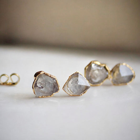 Raw Herkimer Diamond Stud Earrings, Birthstone Jewelry Gift, Herkimer Diamond Posts, Natural Crystal  Gemstone Earrings,Diamond Jewelry