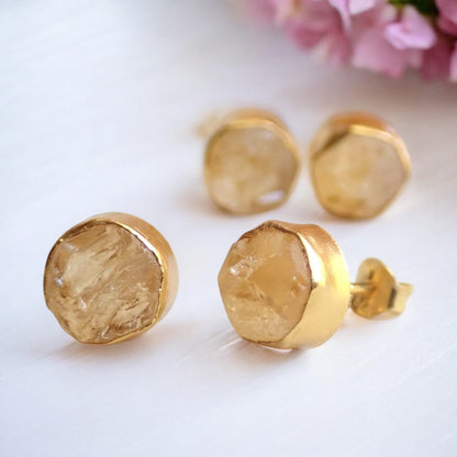 Raw Citrine Stud Earrings – 18k Gold Vermeil over Sterling Silver, Hypoallergenic