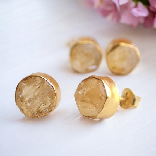 Raw Citrine Stud Earrings – 18k Gold Vermeil over Sterling Silver, Hypoallergenic