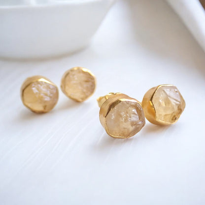 Raw Citrine Stud Earrings – 18k Gold Vermeil over Sterling Silver, Hypoallergenic