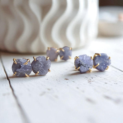 Raw Tanzanite Stud Earrings – Gold Plated Prong Setting | December Birthstone Gemstone Jewelry