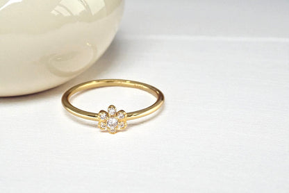 Dainty Diamond Flower Ring | April Birthstone Jewelry, Thin Delicate Stacking Ring