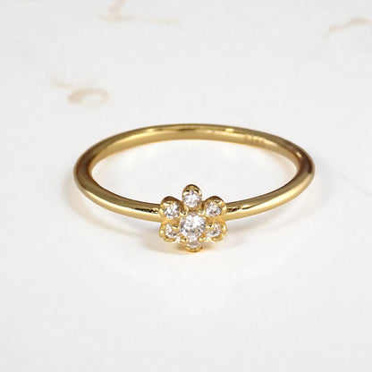 Dainty Diamond Flower Ring | April Birthstone Jewelry, Thin Delicate Stacking Ring