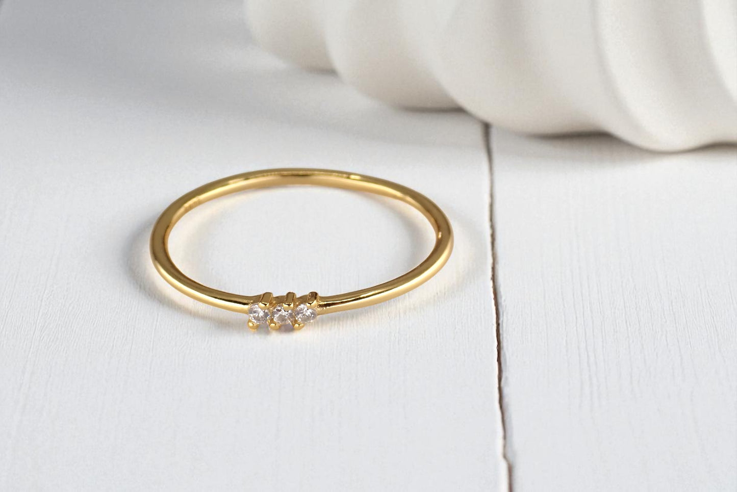 Tiny Triad Dainty Gold Diamond CZ  Ring