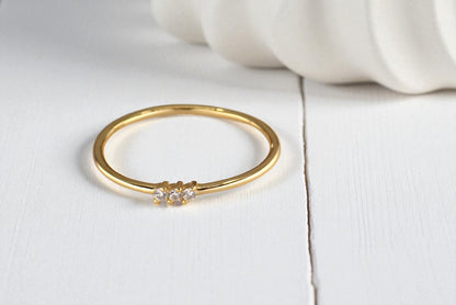 Tiny Triad Dainty Gold Diamond CZ  Ring