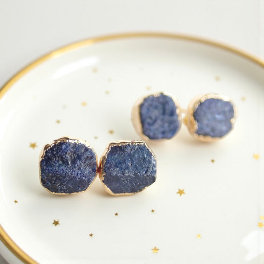 Raw Sapphire Stud Earrings – Gold Vermeil Natural Gemstone Studs - September Birthstone Studs