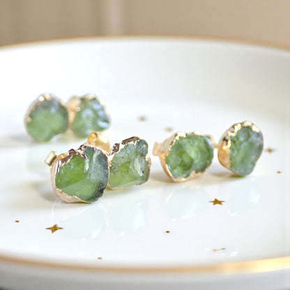 Raw Peridot Stud Earrings - Natural Green Crystal Gemstone  - August Birthday Gift