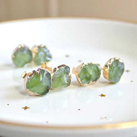 Raw Peridot Stud Earrings - Natural Green Crystal Gemstone  - August Birthday Gift