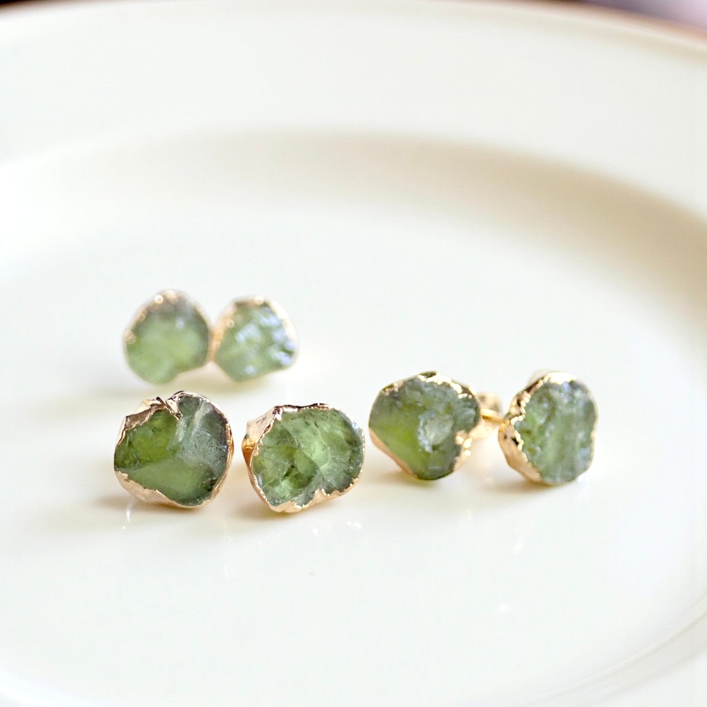 Raw Peridot Stud Earrings - Natural Green Crystal Gemstone  - August Birthday Gift