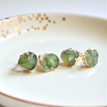 Raw Peridot Stud Earrings - Natural Green Crystal Gemstone  - August Birthday Gift