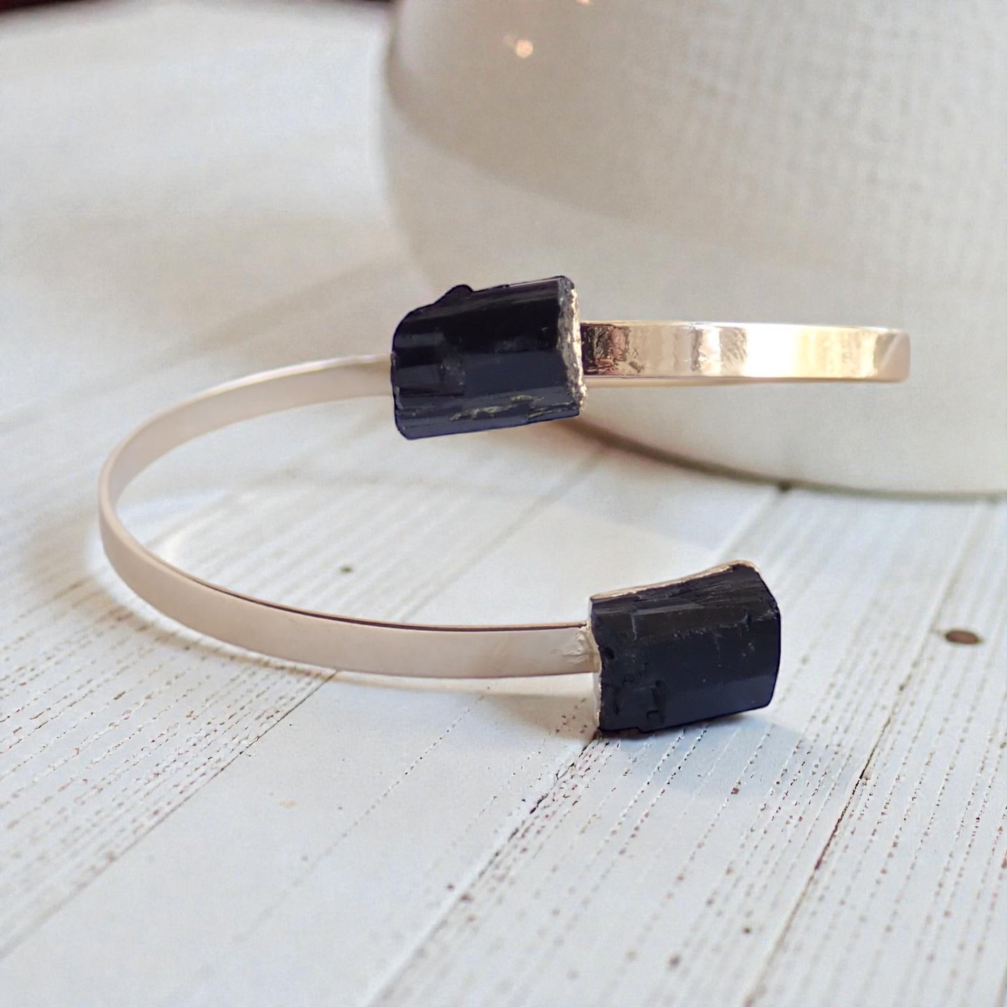 Black Tourmaline Bracelet,Gemstone Open Cuff Gold, Double Two Stone Bracelet, Tourmaline Jewelry,Adjustable  Bracelet for Her,Handmade Gift