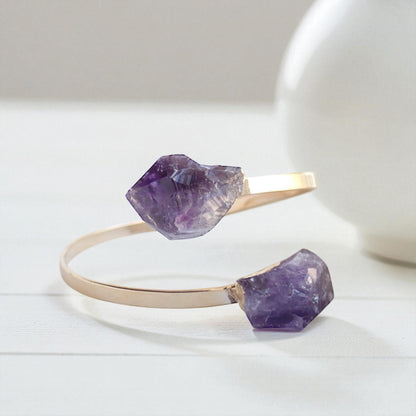 Raw Amethyst Wrap Bracelet – 14k Gold Plated Twist Cuff with Double Crystal Points – February Birthstone Jewelry – Boho Amethyst Bangle
