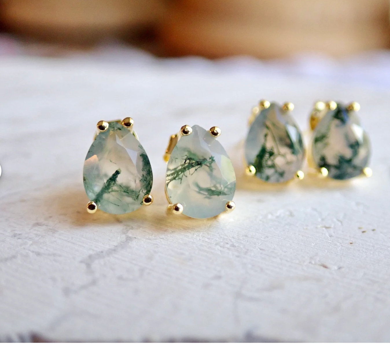 Moss Agate Prong Stud Earrings - Gold