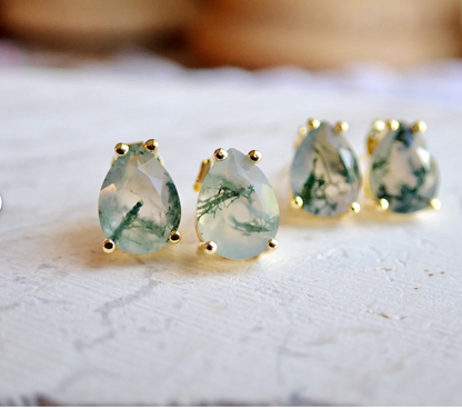 Moss Agate Prong Stud Earrings - Gold