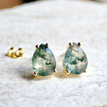 Moss Agate Prong Stud Earrings - Gold