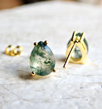 Moss Agate Prong Stud Earrings - Gold