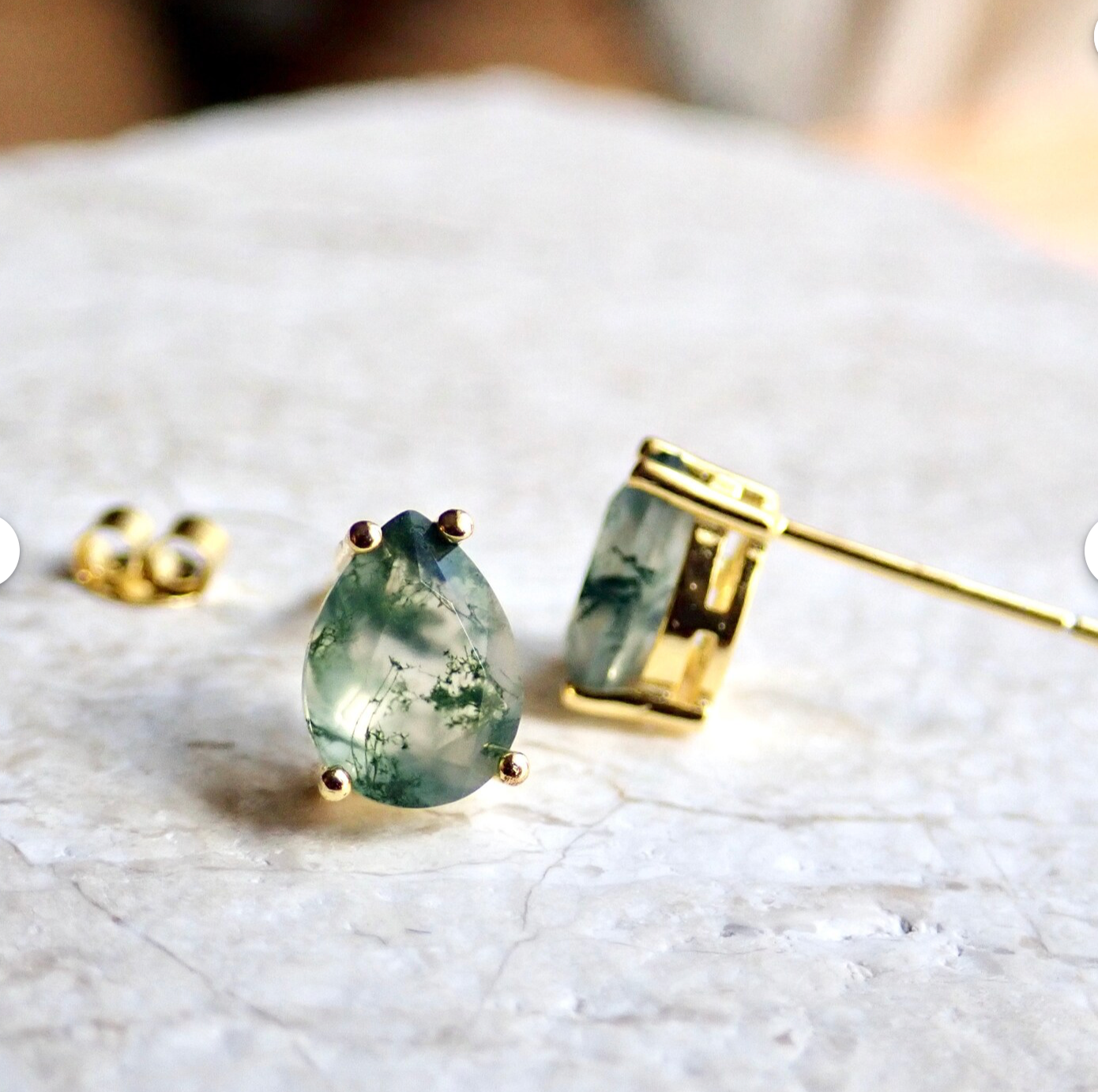 Moss Agate Prong Stud Earrings - Gold