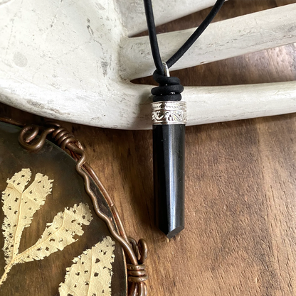 Black Tourmaline Pendant Necklace - Men’s Black Leather Necklace with Black Tourmaline, Natural Raw Stone Jewelry ,Grounding Crystal Necklace