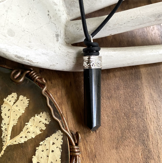 Black Tourmaline Pendant Necklace - Men’s Black Leather Necklace with Black Tourmaline, Natural Raw Stone Jewelry ,Grounding Crystal Necklace
