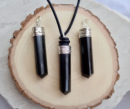 Black Tourmaline Pendant Necklace - Men’s Black Leather Necklace with Black Tourmaline, Natural Raw Stone Jewelry ,Grounding Crystal Necklace