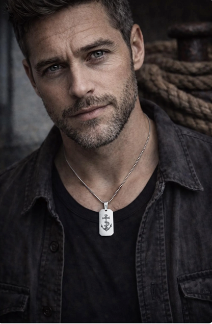 Men’s Silver Stainless Steel Dog Tag Necklace – Anchor Engraved Pendant - Nautical Gift for Men