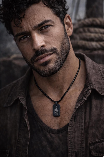 Tell No Tales Necklace - Men's Dog Tag Necklace - Black  - Rum Bottle with Skull Pirate Jewelry