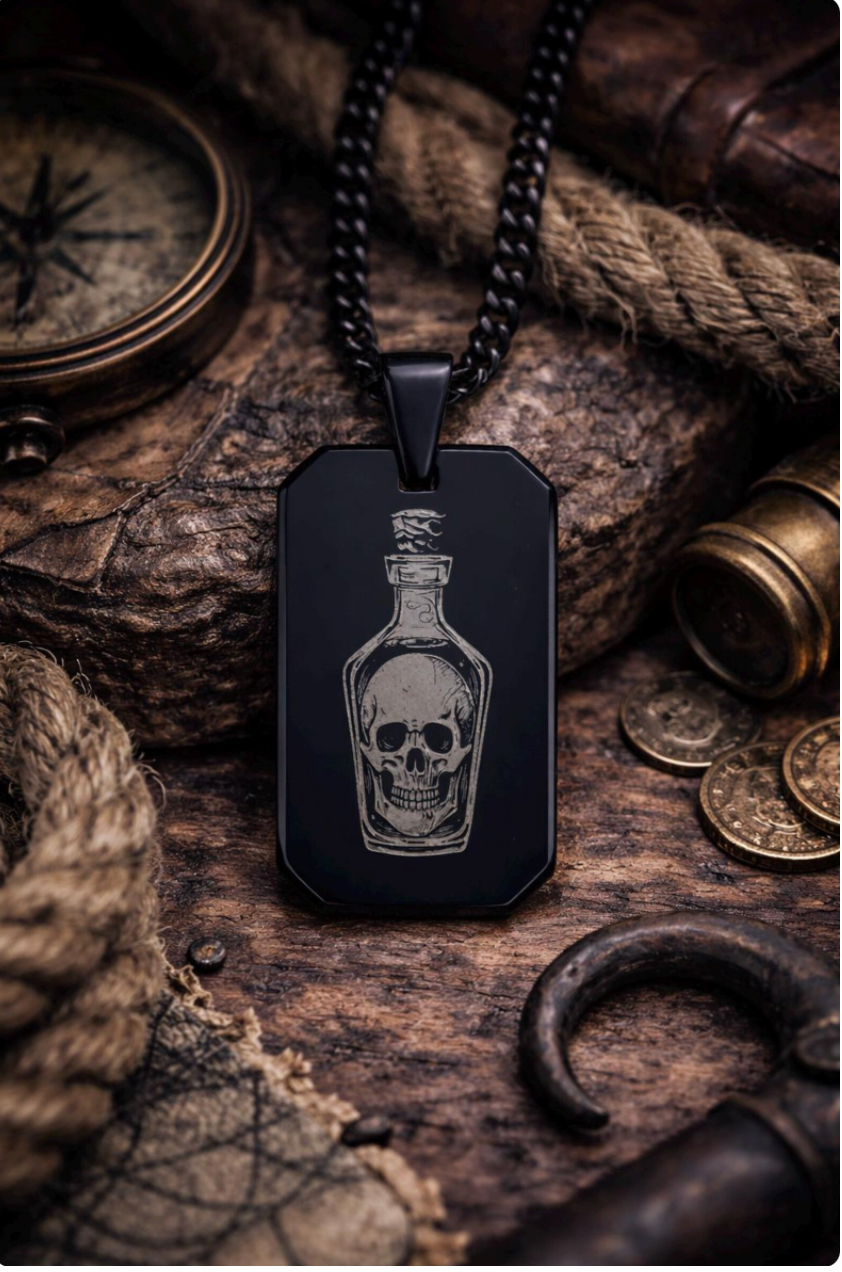 Tell No Tales Necklace - Men's Dog Tag Necklace - Black  - Rum Bottle with Skull Pirate Jewelry