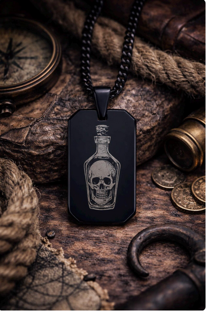 Tell No Tales Necklace - Men's Dog Tag Necklace - Black  - Rum Bottle with Skull Pirate Jewelry