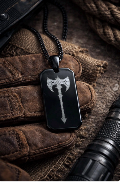 Viking Axe Men's Necklace, Black Cuban Chain with Norse Dog Tag Necklace, Gift for Him