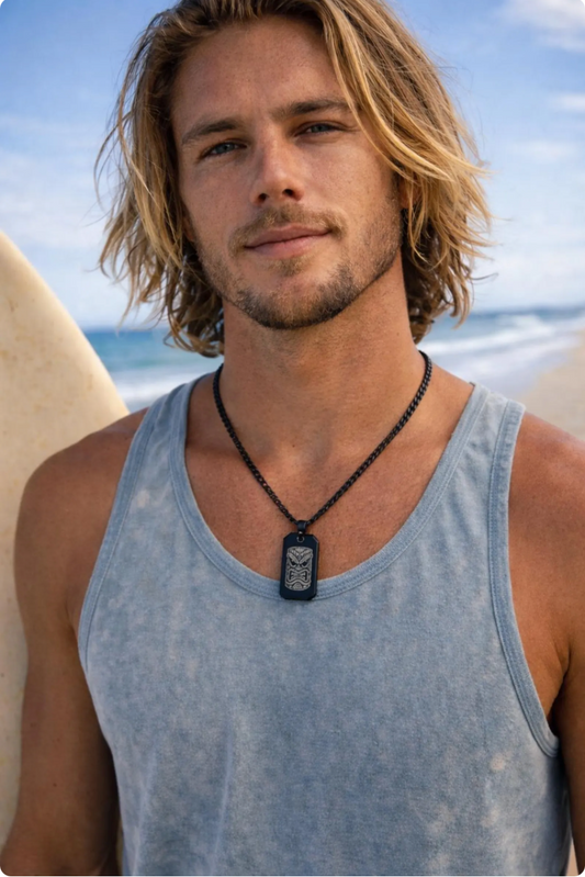 Tiki Mask Dog Tag Necklace - Surfer Jewelry, Gift for Men