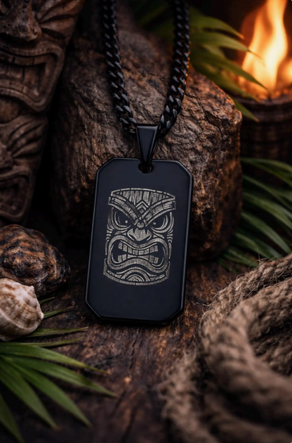 Tiki Mask Dog Tag Necklace - Surfer Jewelry, Gift for Men