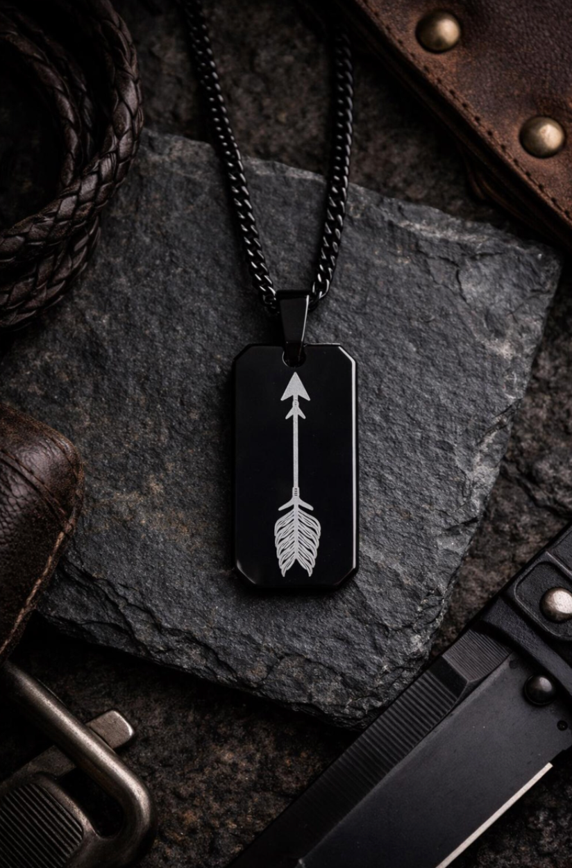 Men’s Black Stainless Steel Dog Tag Necklace with Arrow Engraving – Laser Etched Pendant on Cuban Chain – Warrior Focus Symbol Jewelry
