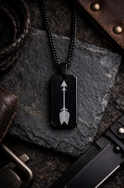 Men’s Black Stainless Steel Dog Tag Necklace with Arrow Engraving – Laser Etched Pendant on Cuban Chain – Warrior Focus Symbol Jewelry