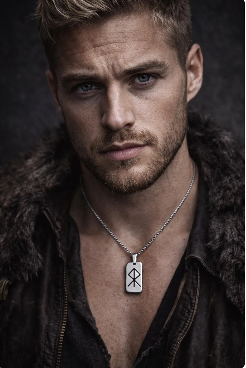 Men’s Stainless Steel Dog Tag Necklace – Courage Rune Engraved Viking Pendant with Cuban Chain – Norse Symbol Nordic Jewelry