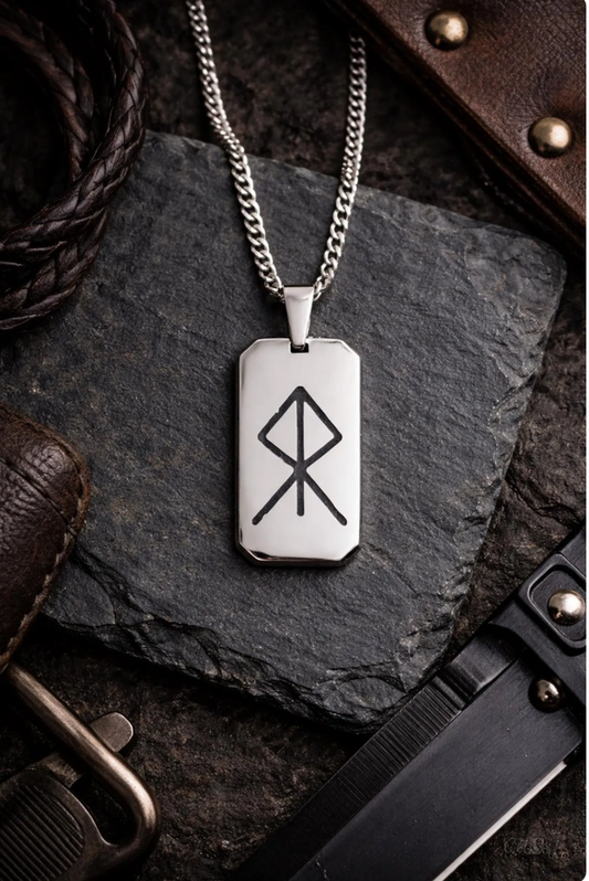 Men’s Stainless Steel Dog Tag Necklace – Courage Rune Engraved Viking Pendant with Cuban Chain – Norse Symbol Nordic Jewelry