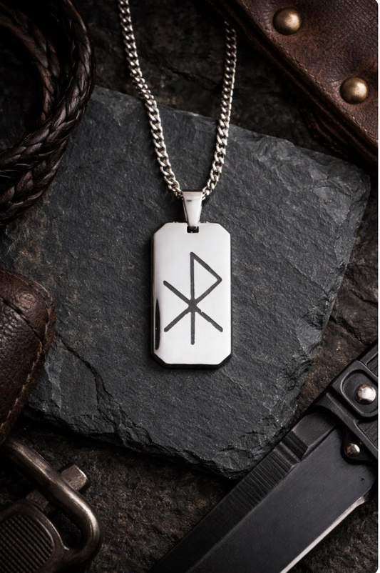 Men’s Stainless Steel Dog Tag Necklace – Gebo Wunjo Love Rune Engraved Pendant with Cuban Chain – Viking Gift of Love Jewelry