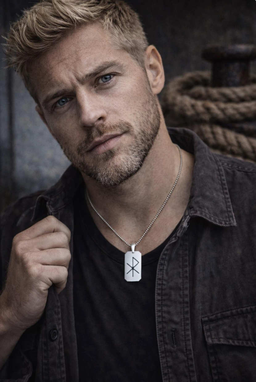 Men’s Stainless Steel Dog Tag Necklace – Gebo Wunjo Love Rune Engraved Pendant with Cuban Chain – Viking Gift of Love Jewelry
