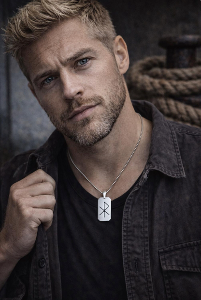 Men’s Stainless Steel Dog Tag Necklace – Gebo Wunjo Love Rune Engraved Pendant with Cuban Chain – Viking Gift of Love Jewelry