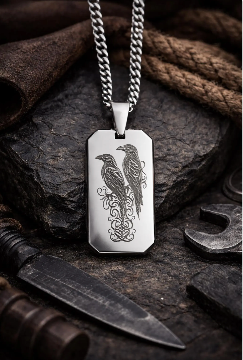 Men’s Stainless Steel Dog Tag Necklace – Odin’s Ravens Engraved Norse Pendant with Cuban Chain – Viking Pagan Nordic Jewelry