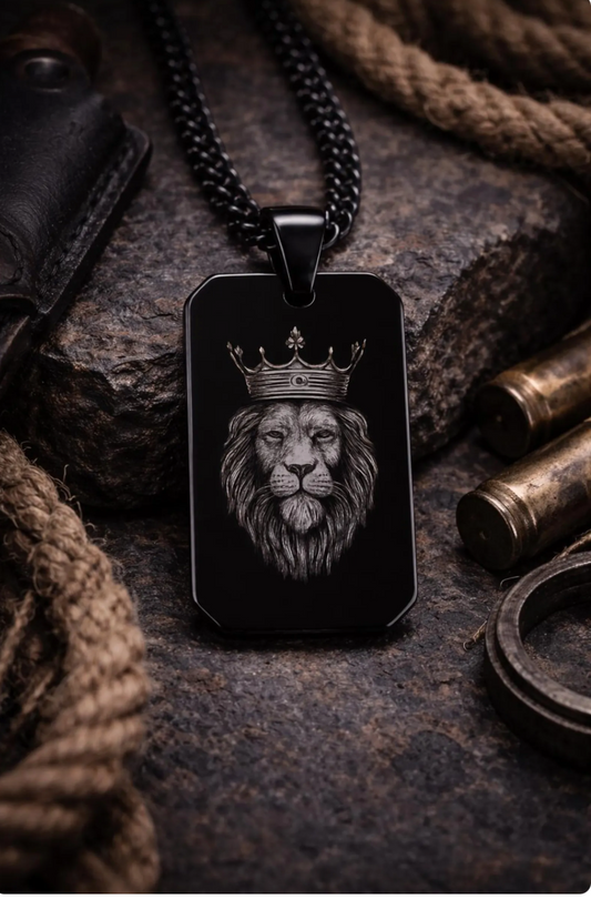 Black Stainless Steel Dog Tag Necklace – Crowned Lion Head Engraving - Lion King Necklace