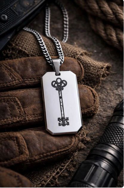 Men’s Stainless Steel Dog Tag Necklace – Skeleton Key Engraved Pendant with Cuban Chain – Gothic Steampunk Lock & Key Jewelry