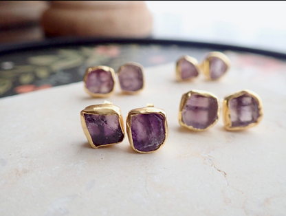 Raw Amethyst Gemstone Earrings – 14k Gold or Sterling Silver Stud Setting - February Birthstone Gift