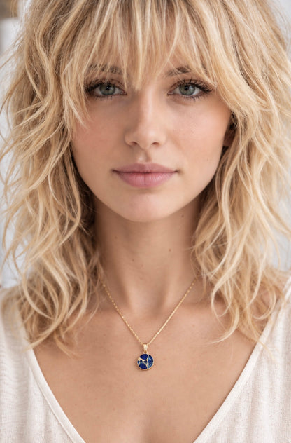 Mojave Sapphire Circle Pendant Necklace,  18K Gold Filled Cable, Box, or Satellite Chain