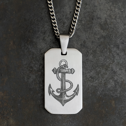 Men’s Silver Stainless Steel Dog Tag Necklace – Anchor Engraved Pendant - Nautical Gift for Men