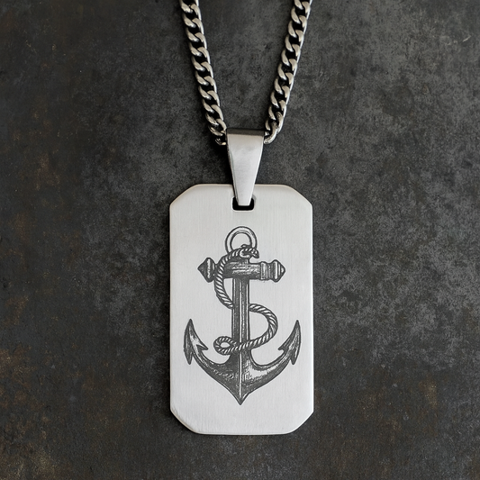 Men’s Silver Stainless Steel Dog Tag Necklace – Anchor Engraved Pendant - Nautical Gift for Men